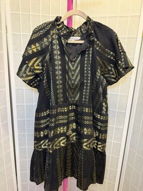 NWOT JUST BELLINA folklore Black and Gold Geometric Flutter Sleeve Dress